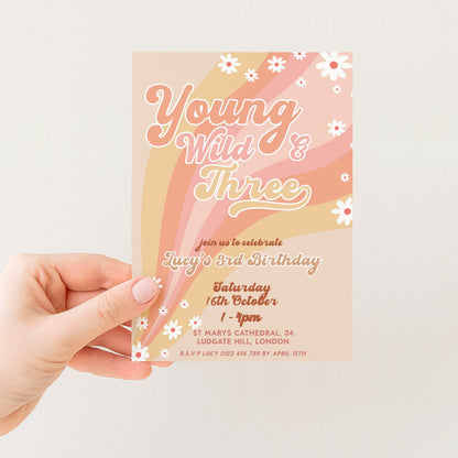 Young Wild and Three Groovy Birthday Invitation Template, Editable Invite 3rd Birthday Party Printable Retro Design Digital Download GR78