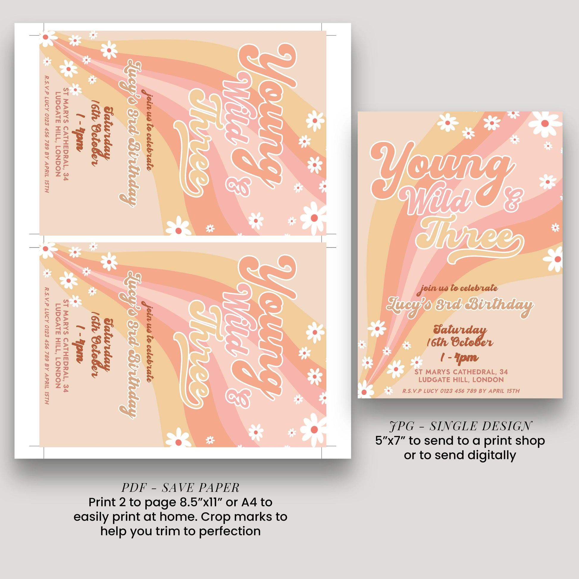 Young Wild and Three Groovy Birthday Invitation Template, Editable Invite 3rd Birthday Party Printable Retro Design Digital Download GR78