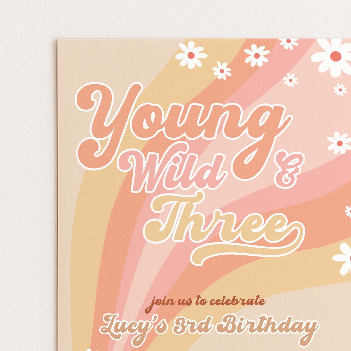 Young Wild and Three Groovy Birthday Invitation Template, Editable Invite 3rd Birthday Party Printable Retro Design Digital Download GR78