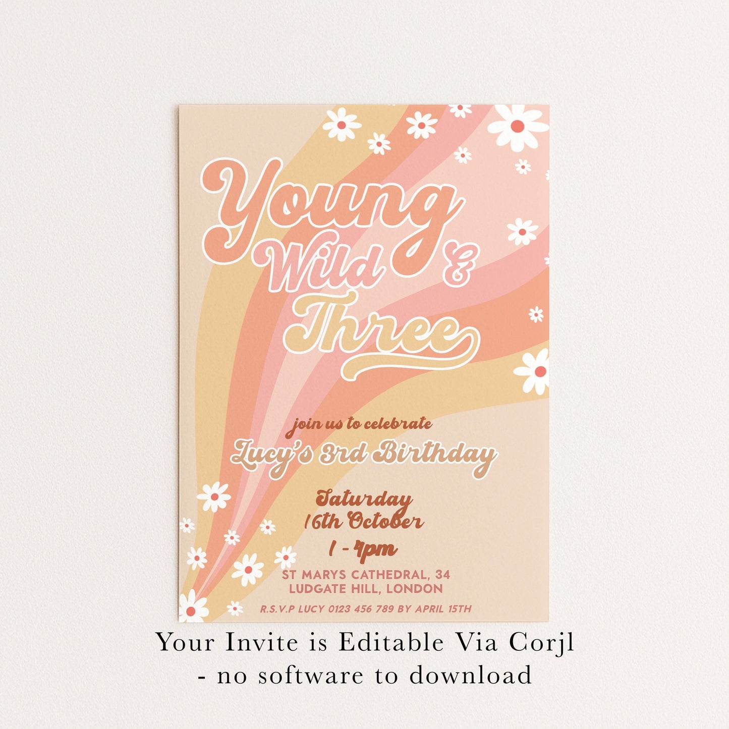 Young Wild and Three Groovy Birthday Invitation Template, Editable Invite 3rd Birthday Party Printable Retro Design Digital Download GR78