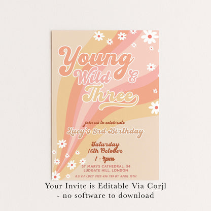 Young Wild and Three Groovy Birthday Invitation Template, Editable Invite 3rd Birthday Party Printable Retro Design Digital Download GR78