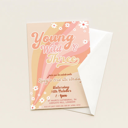 Young Wild and Three Groovy Birthday Invitation Template, Editable Invite 3rd Birthday Party Printable Retro Design Digital Download GR78