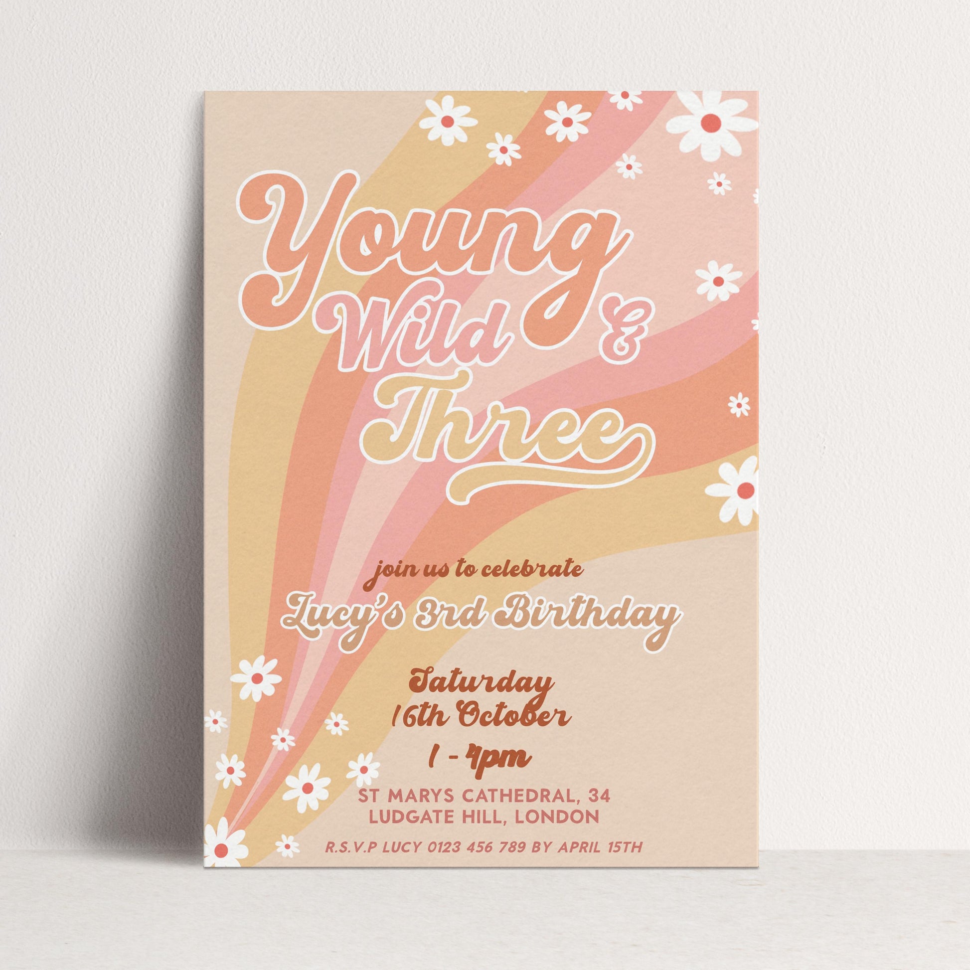 Young Wild and Three Groovy Birthday Invitation Template, Editable Invite 3rd Birthday Party Printable Retro Design Digital Download GR78