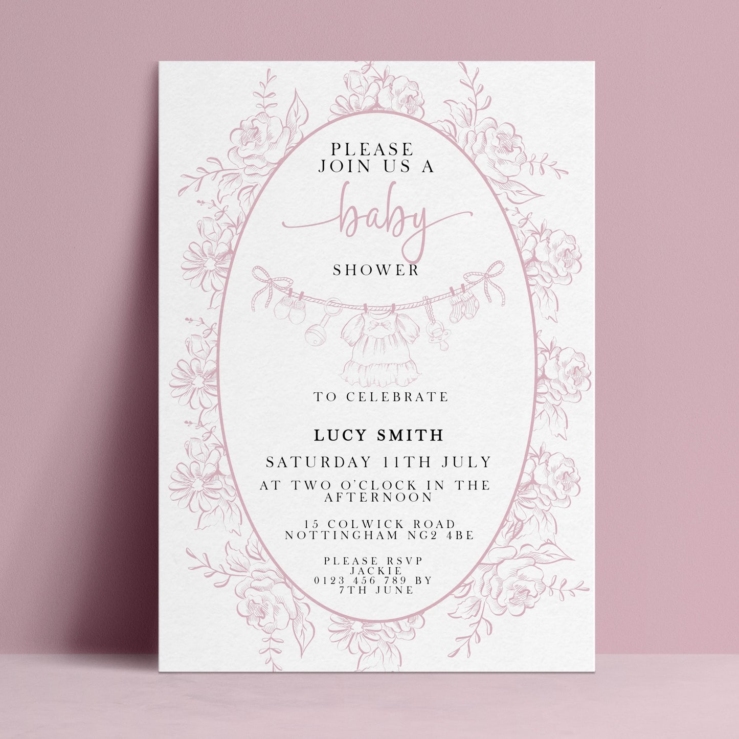 Editable baby shower invitation with dusty pink floral botanical border and baby bunting illustration on white background — digital download template via Corjl
