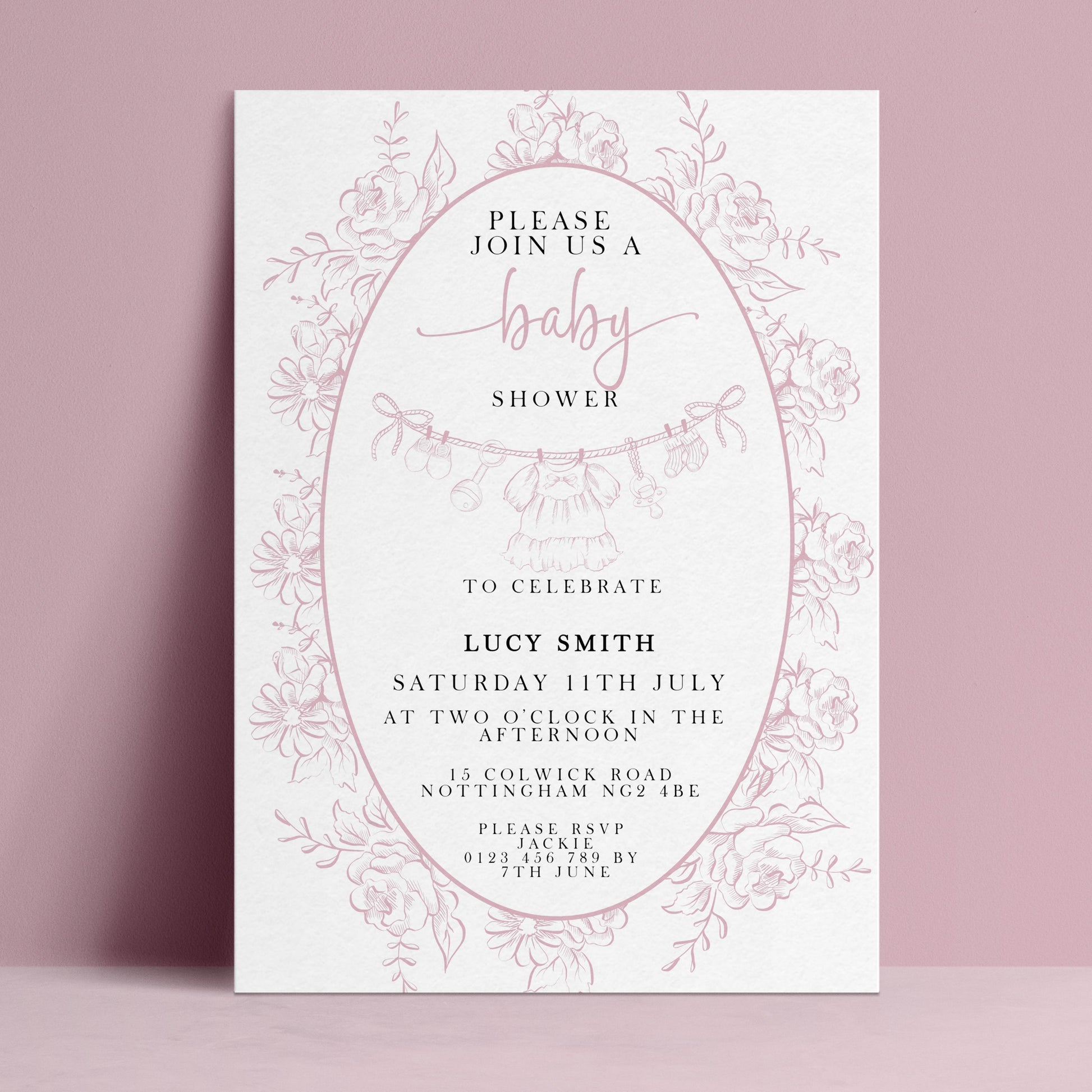 Editable baby shower invitation with dusty pink floral botanical border and baby bunting illustration on white background — digital download template via Corjl