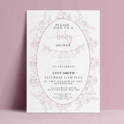 Editable baby shower invitation with dusty pink floral botanical border and baby bunting illustration on white background — digital download template via Corjl