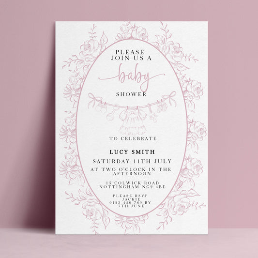 Editable baby shower invitation with dusty pink floral botanical border and baby bunting illustration on white background — digital download template via Corjl