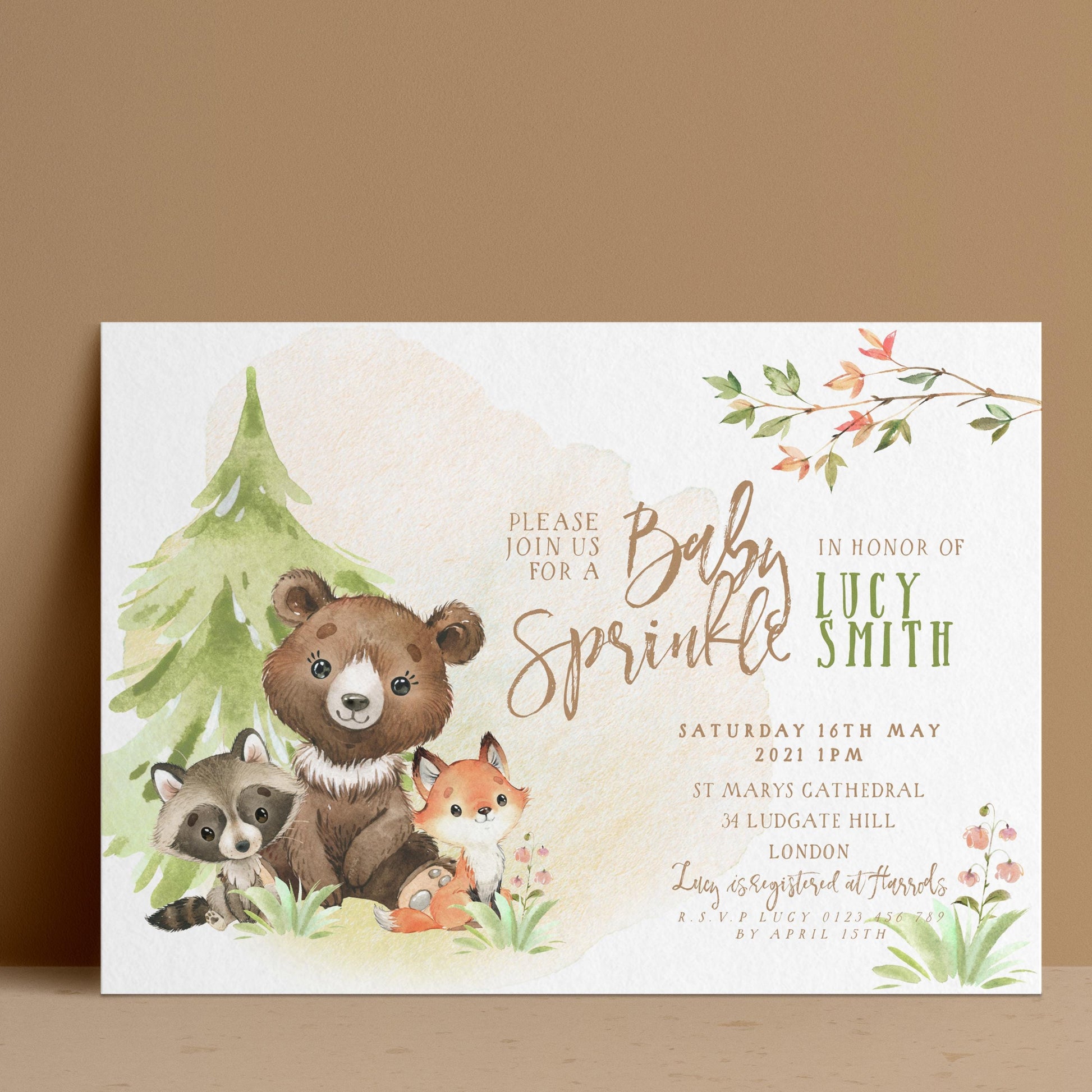 Editable baby sprinkle invitation with watercolour woodland bear raccoon and fox on soft beige background — digital download template via Corjl