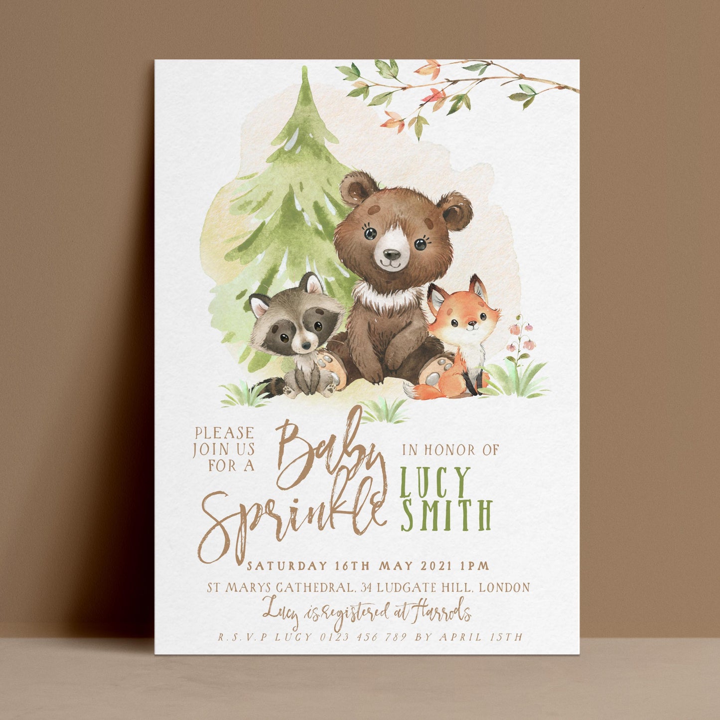 Editable baby sprinkle invitation with watercolour woodland bear raccoon and fox beside pine tree on soft background — digital download template via Corjl