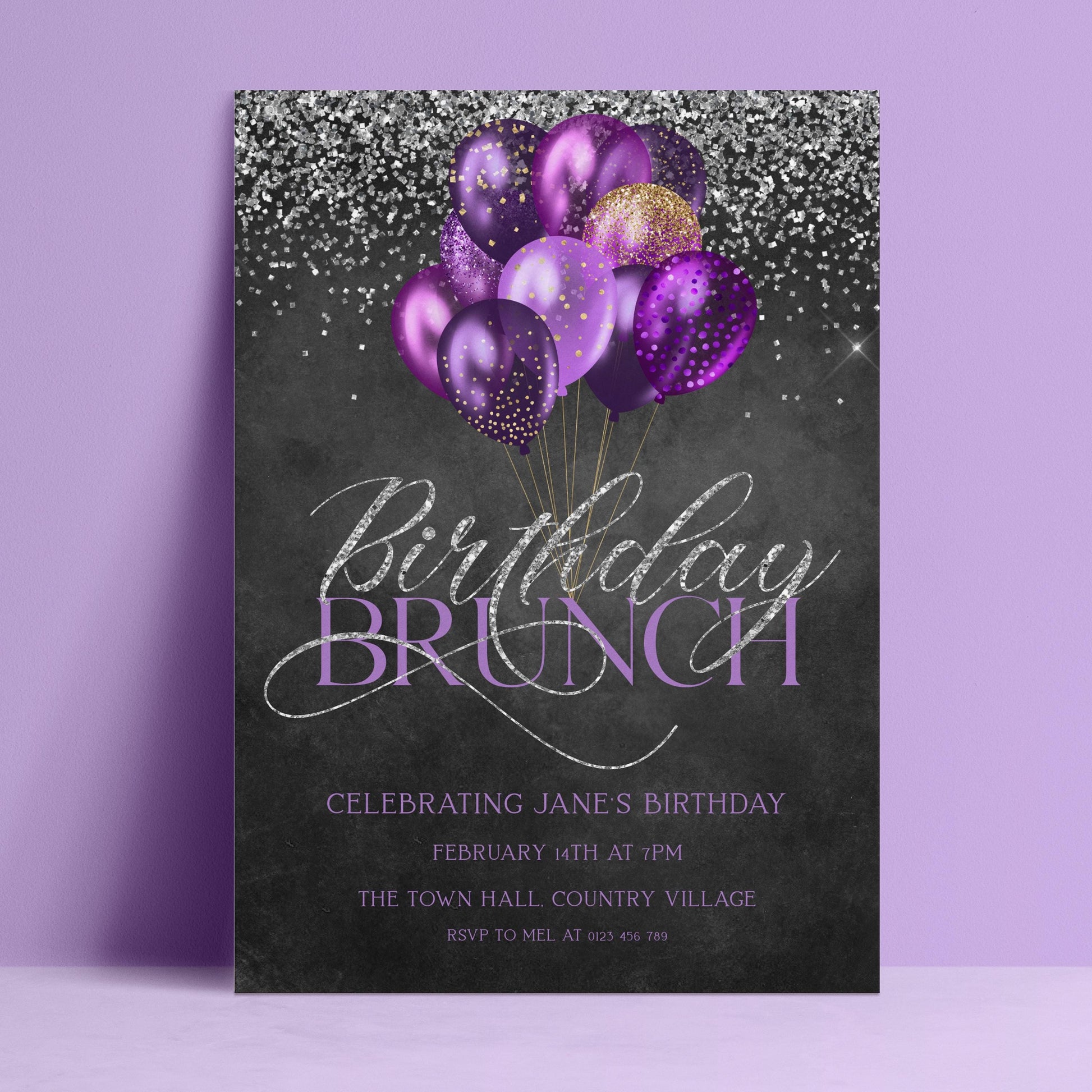 Editable birthday brunch invitation with purple glitter balloons and silver glitter typography on dark chalkboard background — digital download template via Corjl