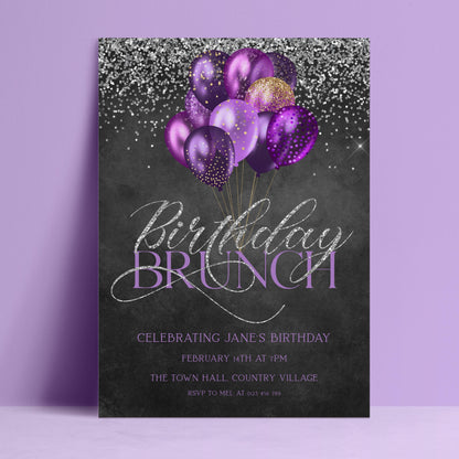 Editable birthday brunch invitation with purple glitter balloons and silver glitter typography on dark chalkboard background — digital download template via Corjl