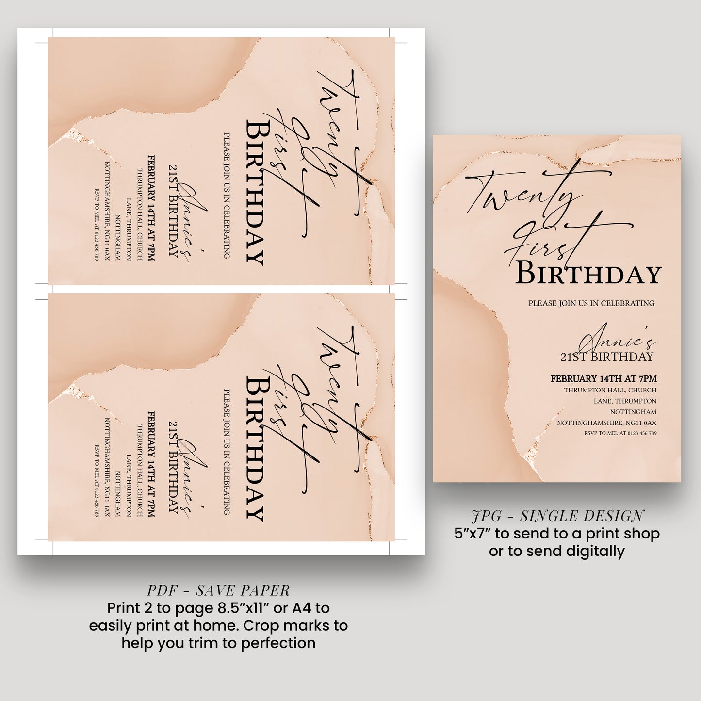 21st Birthday Invitation Blush Gold Agate | Editable Digital Download Template | Printable Party Invite (Copy)