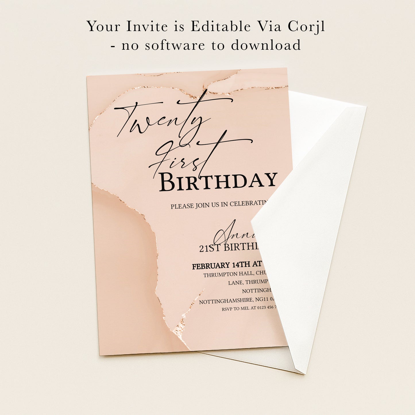 21st Birthday Invitation Blush Gold Agate | Editable Digital Download Template | Printable Party Invite (Copy)