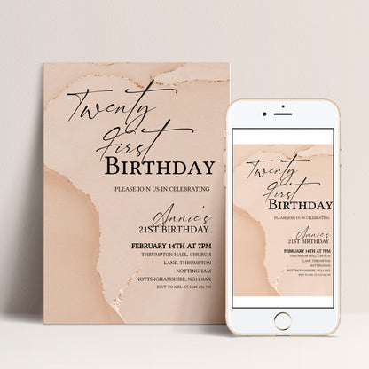 21st Birthday Invitation Blush Gold Agate | Editable Digital Download Template | Printable Party Invite (Copy)