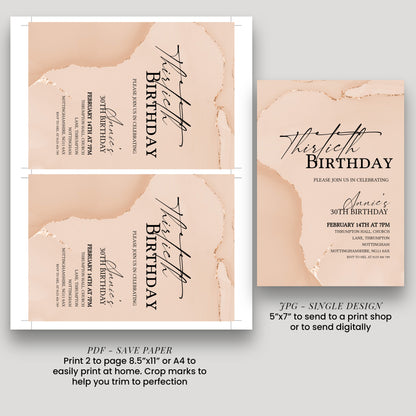 30th Birthday Invitation Blush Gold Agate | Editable Digital Download Template | Printable Party Invite