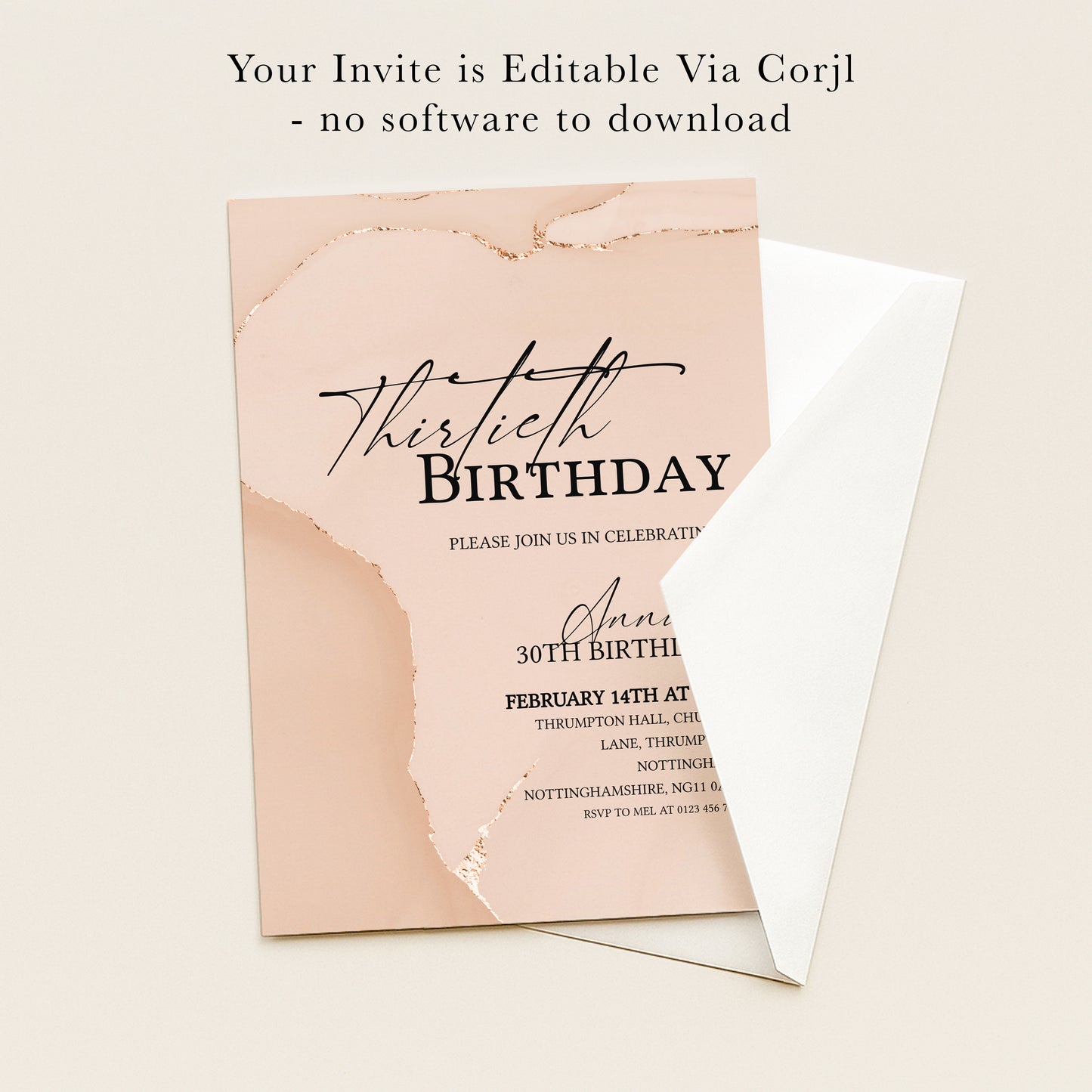 30th Birthday Invitation Blush Gold Agate | Editable Digital Download Template | Printable Party Invite