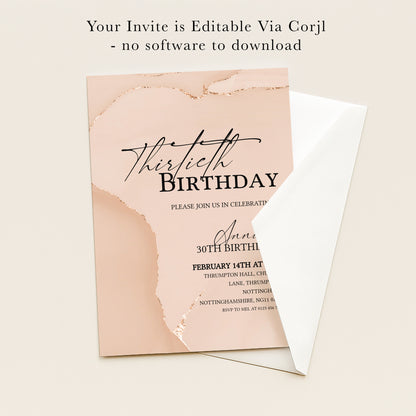 30th Birthday Invitation Blush Gold Agate | Editable Digital Download Template | Printable Party Invite