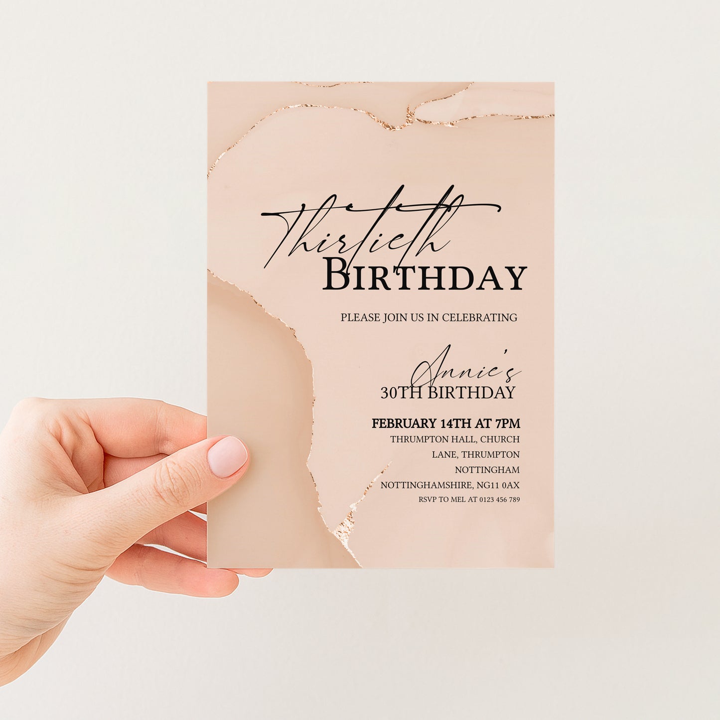 30th Birthday Invitation Blush Gold Agate | Editable Digital Download Template | Printable Party Invite