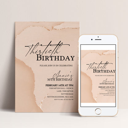 30th Birthday Invitation Blush Gold Agate | Editable Digital Download Template | Printable Party Invite