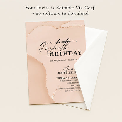 40th Birthday Invitation Blush Gold Agate | Editable Digital Download Template | Printable Party Invite