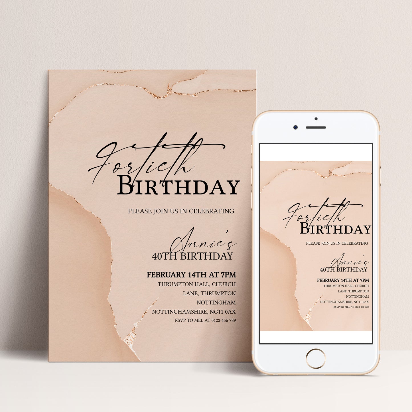 40th Birthday Invitation Blush Gold Agate | Editable Digital Download Template | Printable Party Invite