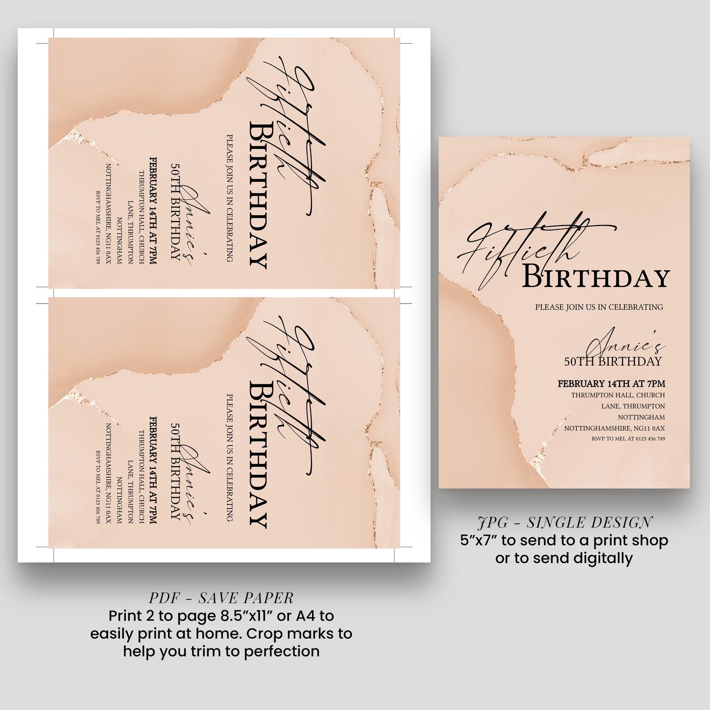 50th Birthday Invitation Blush Gold Agate | Editable Digital Download Template | Printable Party Invite