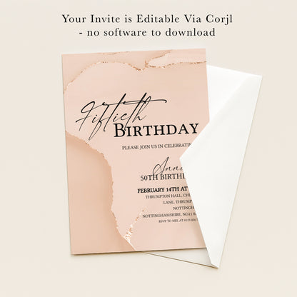 50th Birthday Invitation Blush Gold Agate | Editable Digital Download Template | Printable Party Invite