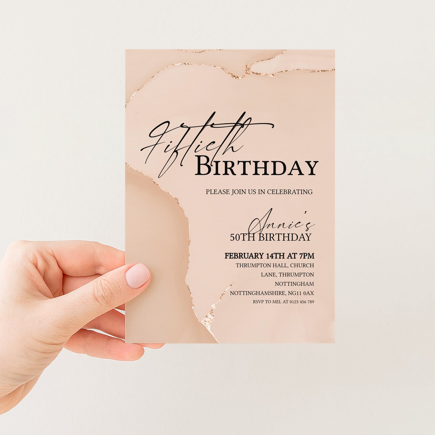 50th Birthday Invitation Blush Gold Agate | Editable Digital Download Template | Printable Party Invite
