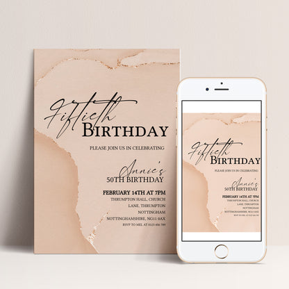 50th Birthday Invitation Blush Gold Agate | Editable Digital Download Template | Printable Party Invite