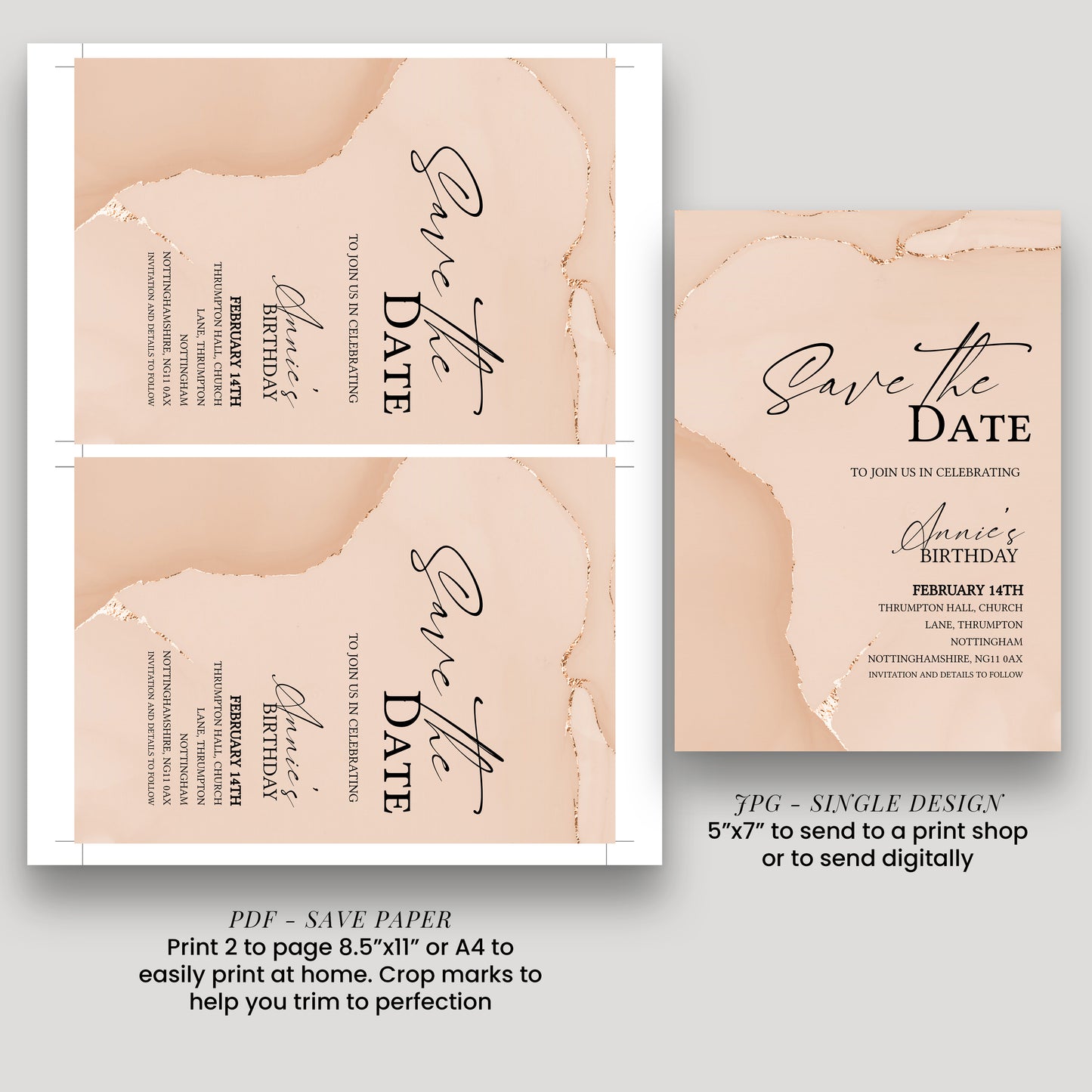Blush Agate Birthday Save the Date | Editable Digital Download Template | Printable Any Age Invite
