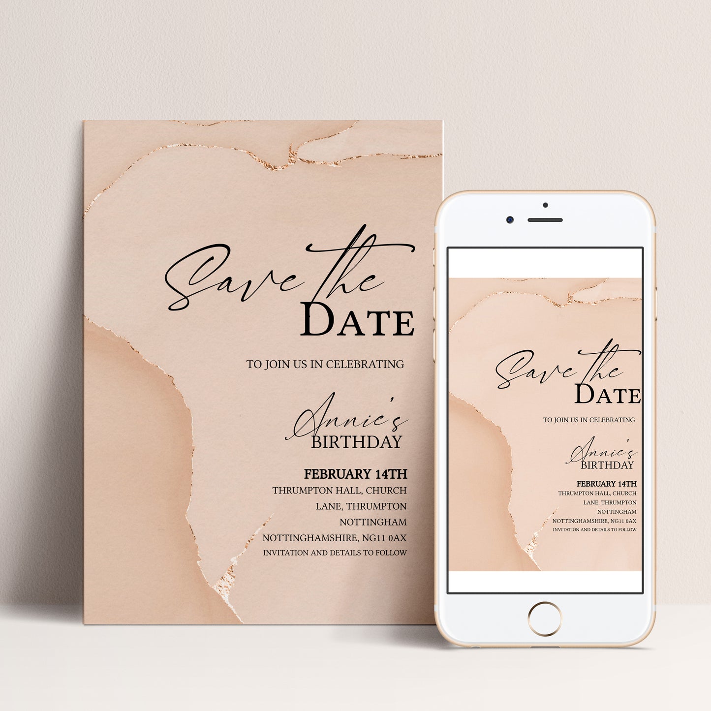 Blush Agate Birthday Save the Date | Editable Digital Download Template | Printable Any Age Invite