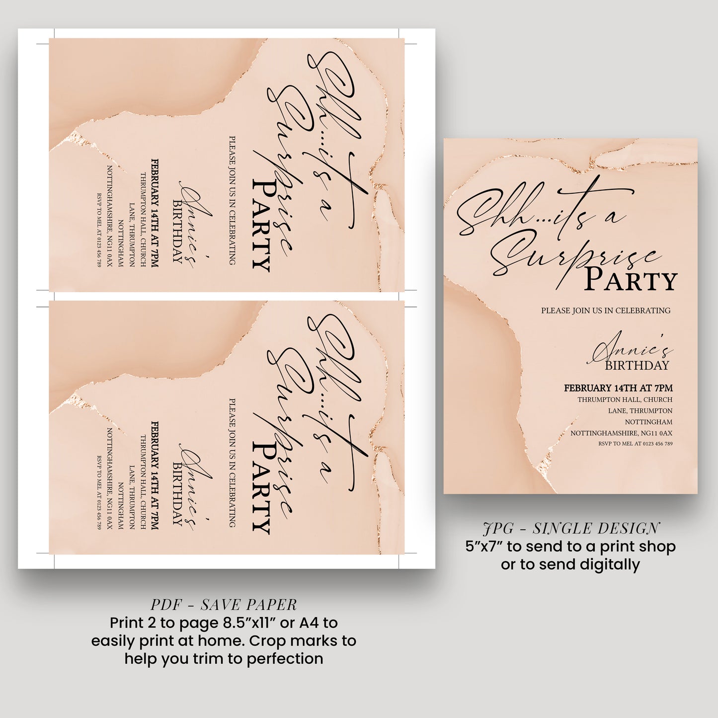 Blush Agate Surprise Party Invitation | Editable Digital Download Template | Printable Birthday Surprise Invite