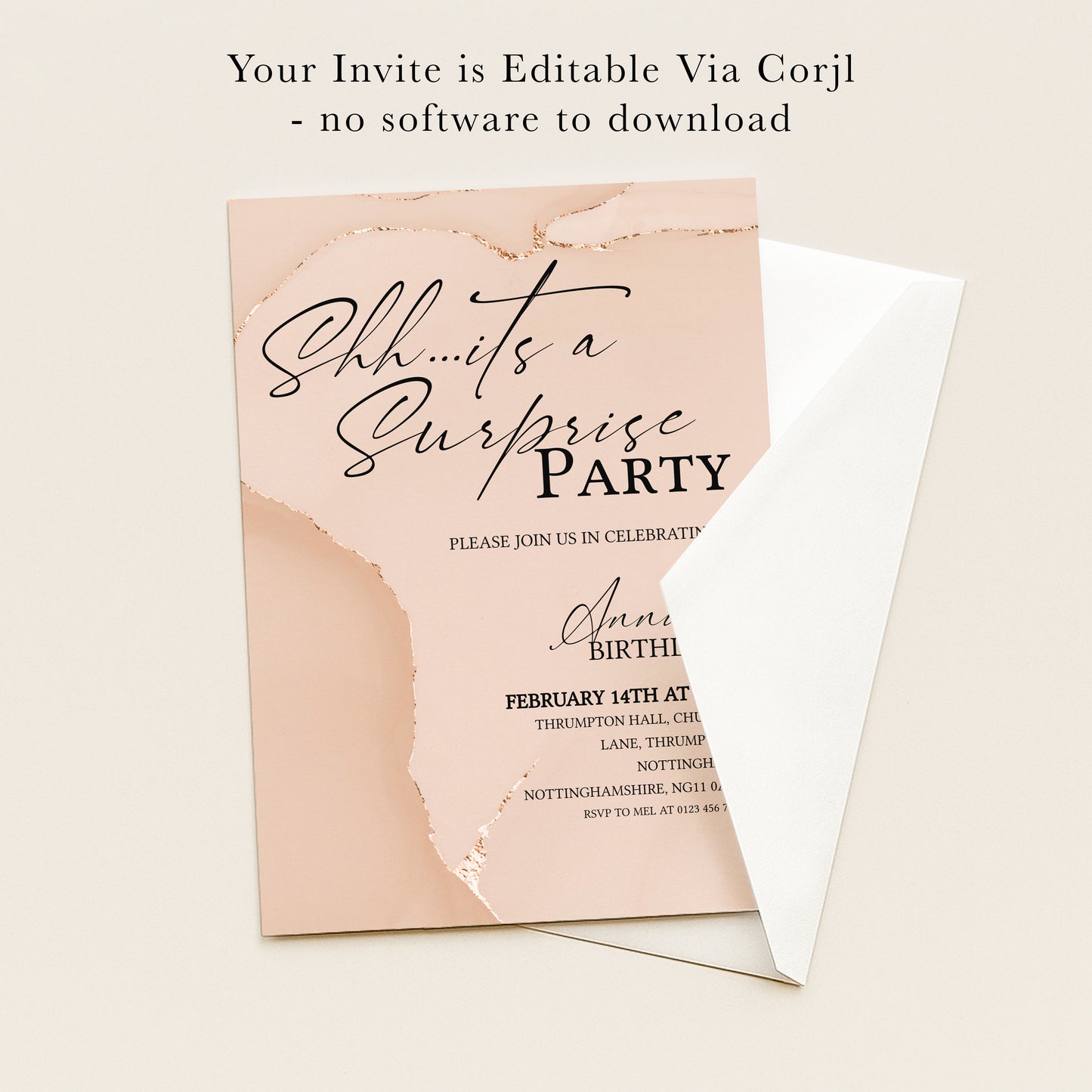 Blush Agate Surprise Party Invitation | Editable Digital Download Template | Printable Birthday Surprise Invite