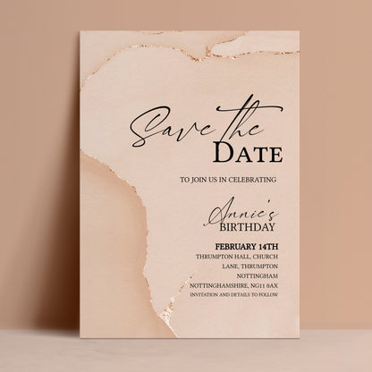 ditable blush agate birthday save the date with gold foil torn paper design and script typography — digital download template via Corjl