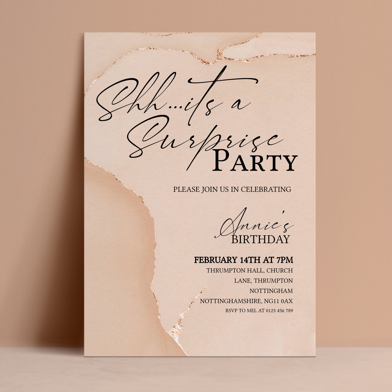 Editable blush agate surprise party invitation with Shh it's a surprise script and gold foil torn paper design — digital download template via Corjl