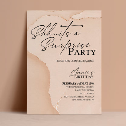 Editable blush agate surprise party invitation with Shh it's a surprise script and gold foil torn paper design — digital download template via Corjl