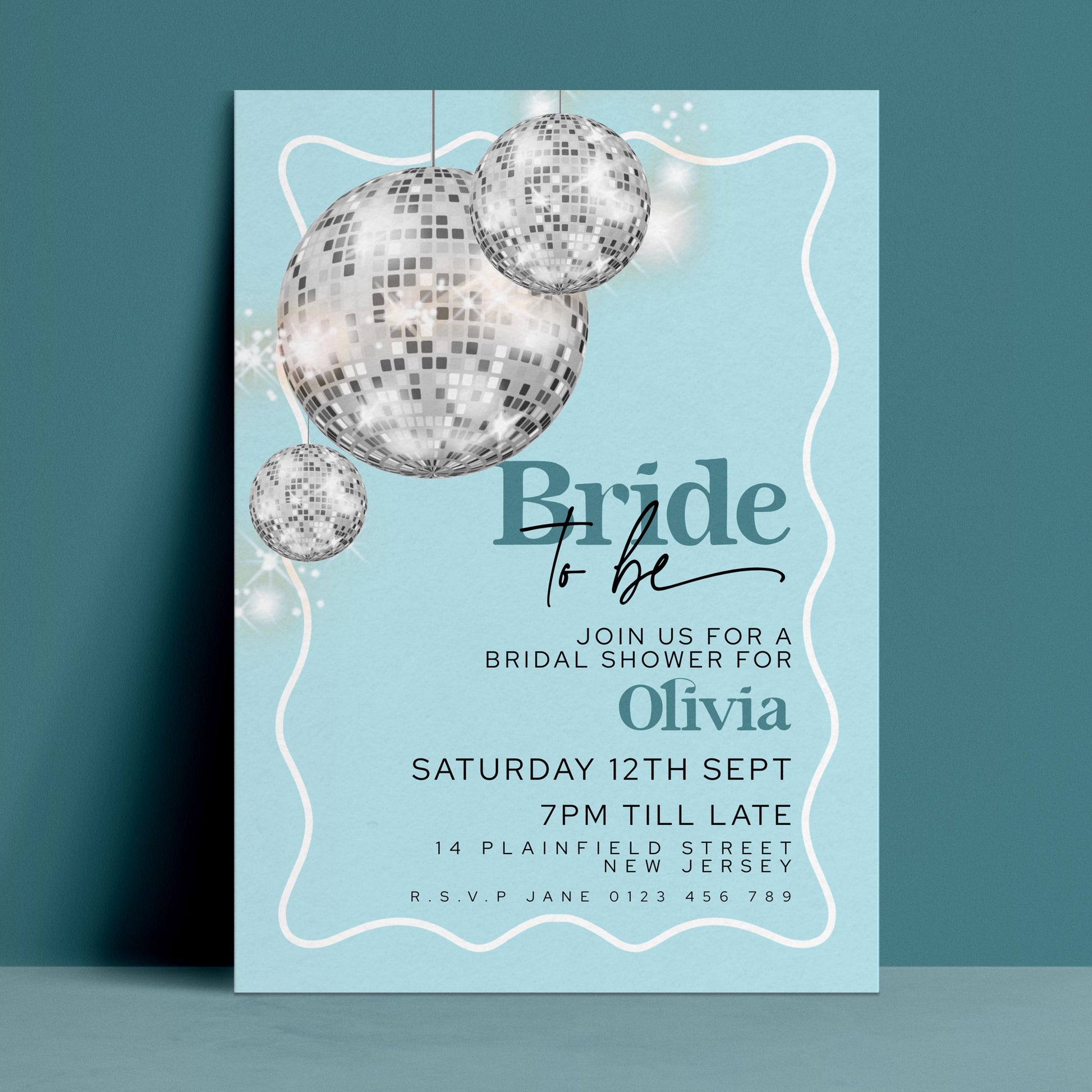 Editable bridal shower invitation with silver mirror disco balls on teal background and bride to be typography — digital download template via Corjl
