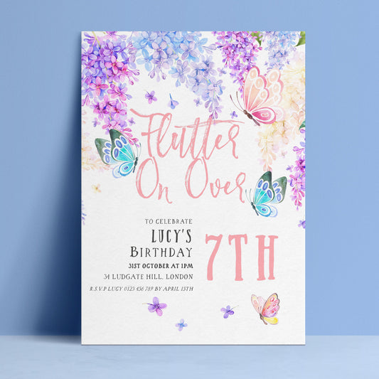 Butterfly garden 7th birthday invitation digital download template via Corjl — editable and printable with watercolour floral design