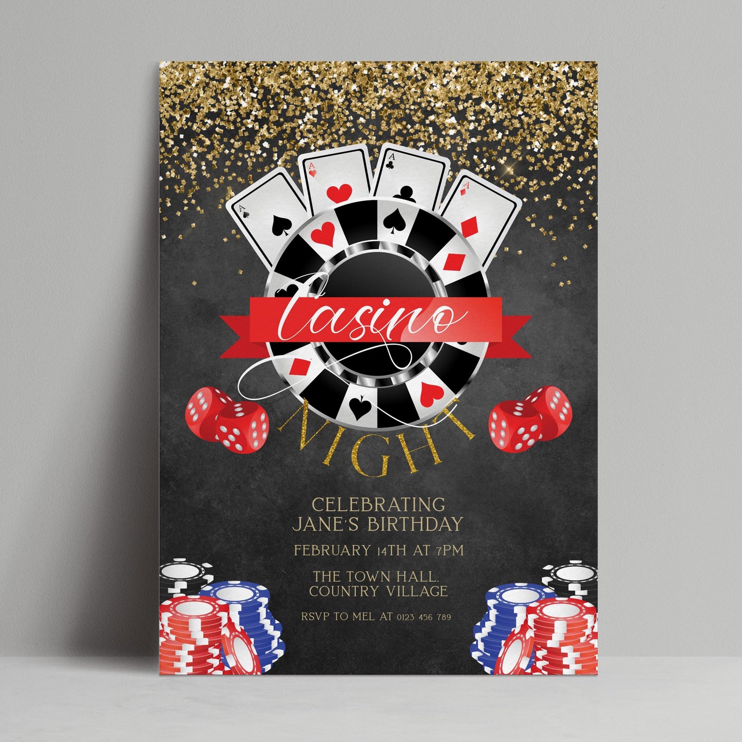 Casino night birthday invitation digital download template via Corjl, featuring roulette wheel playing cards red dice and poker chips on dark gold glitter background, editable and printable party invite