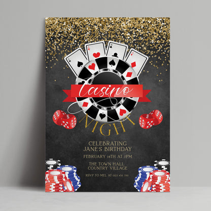 Casino night birthday invitation digital download template via Corjl, featuring roulette wheel playing cards red dice and poker chips on dark gold glitter background, editable and printable party invite