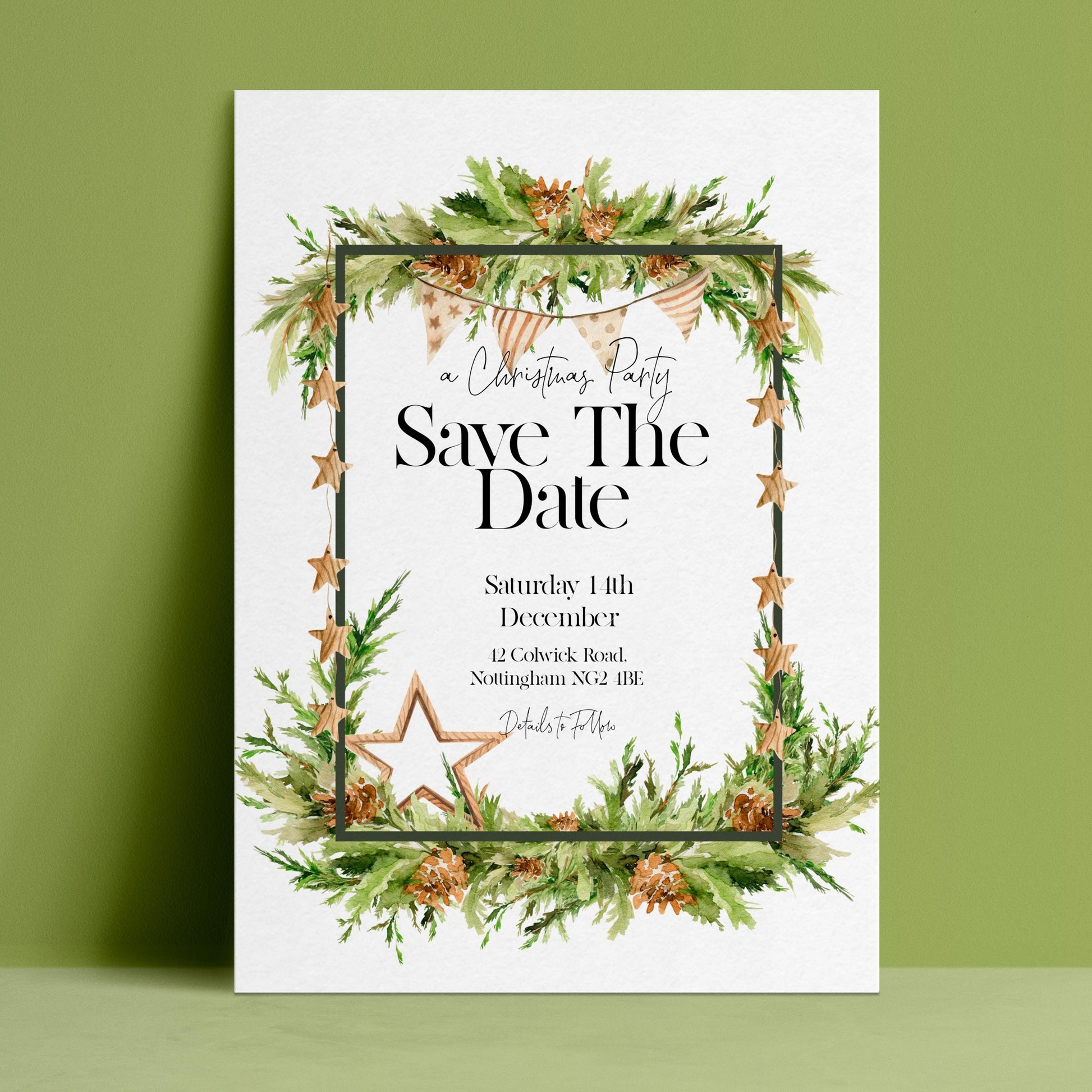 Editable Christmas party save the date with watercolour greenery pine cone border and wooden stars on white background — digital download template via Corjl
