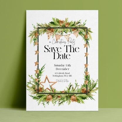 Editable Christmas party save the date with watercolour greenery pine cone border and wooden stars on white background — digital download template via Corjl