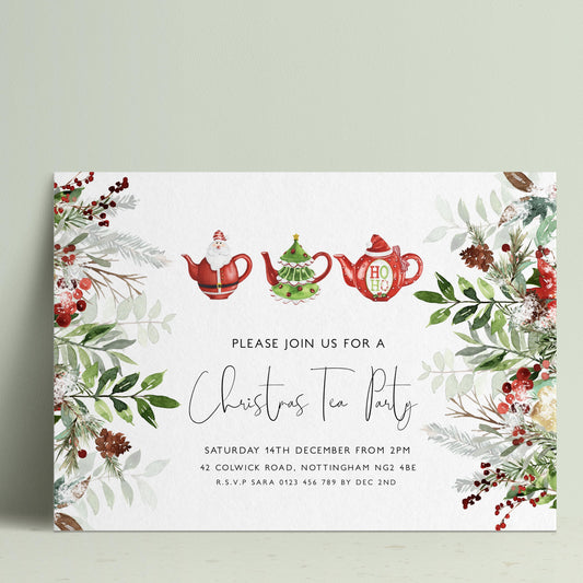 Editable Christmas tea party invitation with three festive teapots and watercolour greenery border in landscape format — digital download template via Corjl