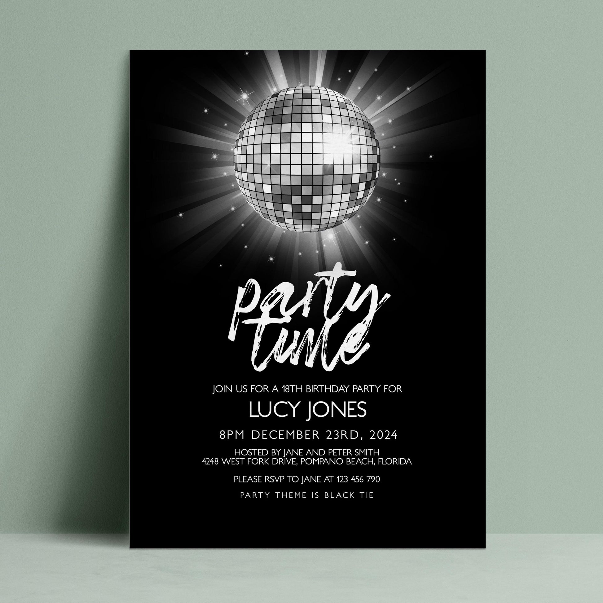 Editable disco ball birthday party invitation with glowing silver mirror ball and party time script on black background — digital download template via Corjl
