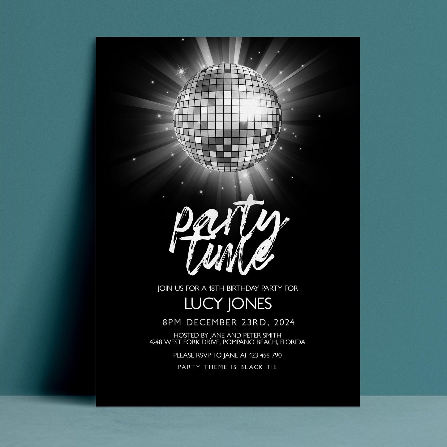 Editable disco ball birthday party invitation with glowing silver mirror ball and Party Time script on black background — digital download template via Corjl