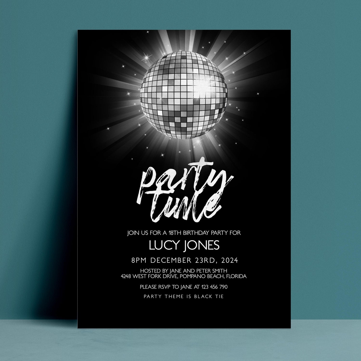 Editable disco ball birthday party invitation with glowing silver mirror ball and Party Time script on black background — digital download template via Corjl