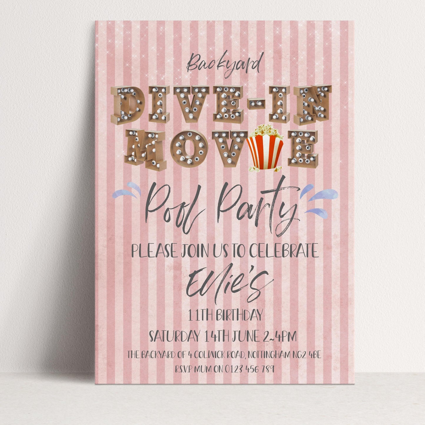 Editable backyard drive in movie pool party invitation with vintage marquee letters popcorn and pink stripe background — digital download template via Corjl