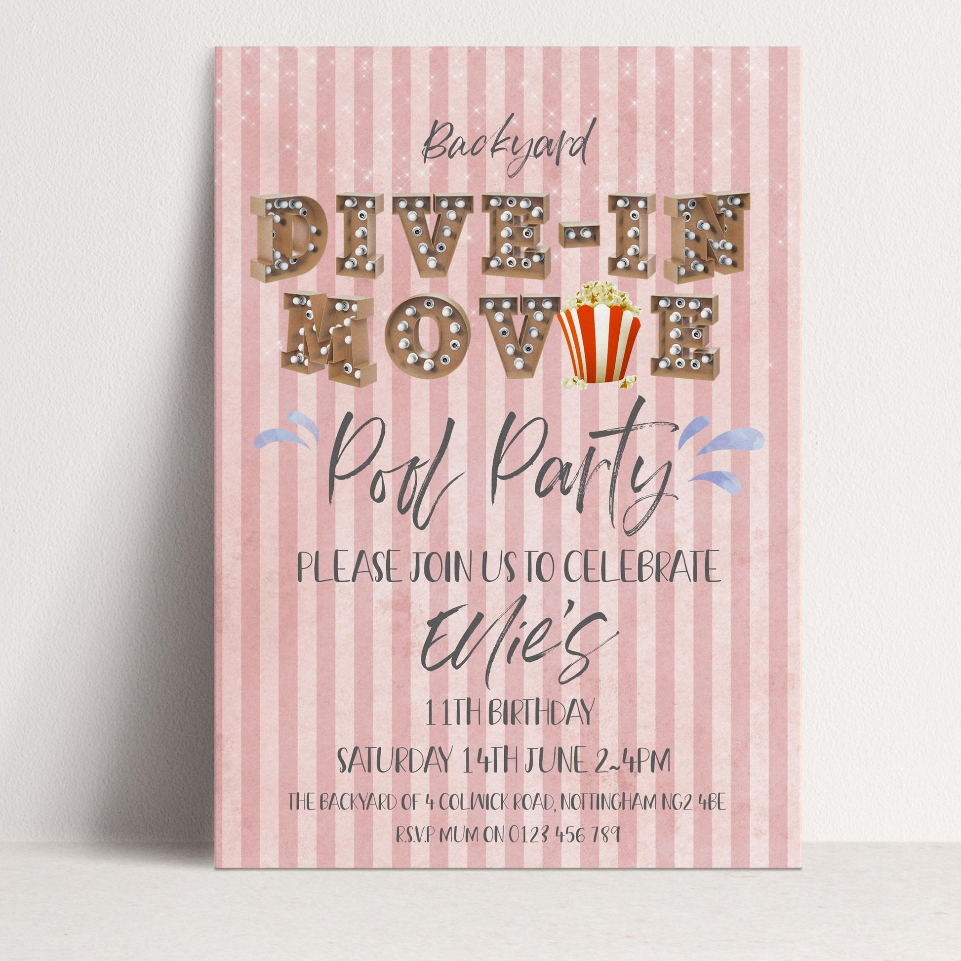 Editable backyard drive in movie pool party invitation with vintage marquee letters popcorn and pink stripe background — digital download template via Corjl