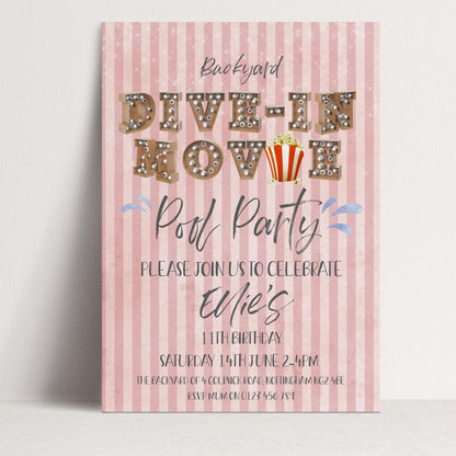 Editable backyard drive in movie pool party invitation with vintage marquee letters popcorn and pink stripe background — digital download template via Corjl