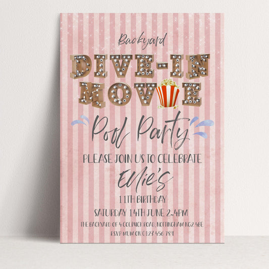 Editable backyard drive in movie pool party invitation with vintage marquee letters popcorn and pink stripe background — digital download template via Corjl